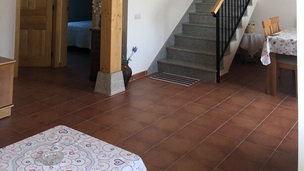 A spacious room with a wooden ceiling, a staircase with a black railing, and a bed with a blue cover. - The flax orchard. (Candeleda)
