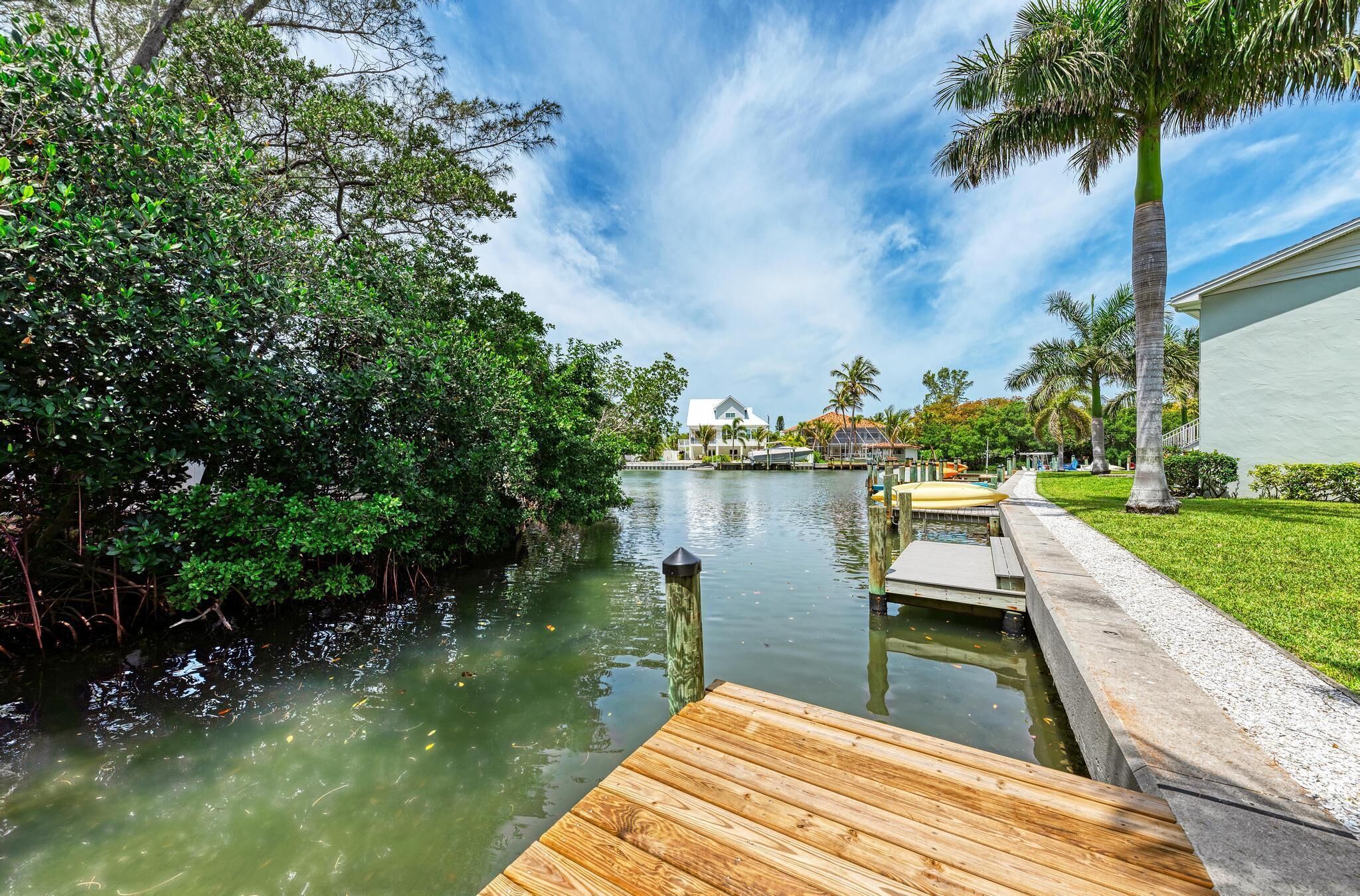 A calm river with a wooden dock, surrounded by lush greenery and palm trees.