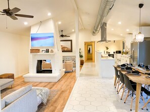 Smart TV, fireplace, video games, books