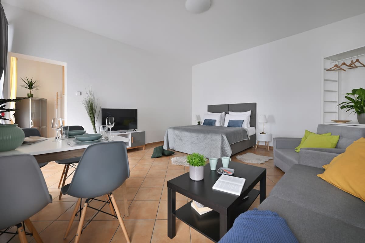 Una sala de estar moderna y bien iluminada con un sofá, una mesa de comedor y una cama.