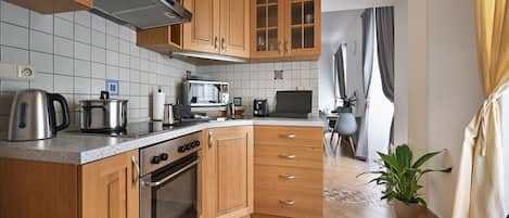 City Apartment, 1 King Bed with Sofa bed, Ground Floor | Private kitchen | Fridge, microwave, toaster, cookware/dishes/utensils