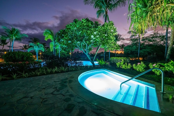 A swimming pool with a stone deck, surrounded by palm trees and greenery, under a twilight sky.