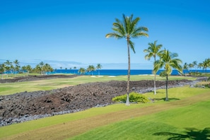 A golf course with a clear view of the ocean, palm trees, and a rocky terrain.