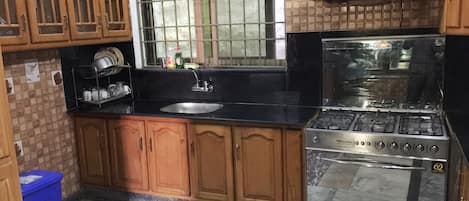 Fridge, microwave, stovetop, electric kettle