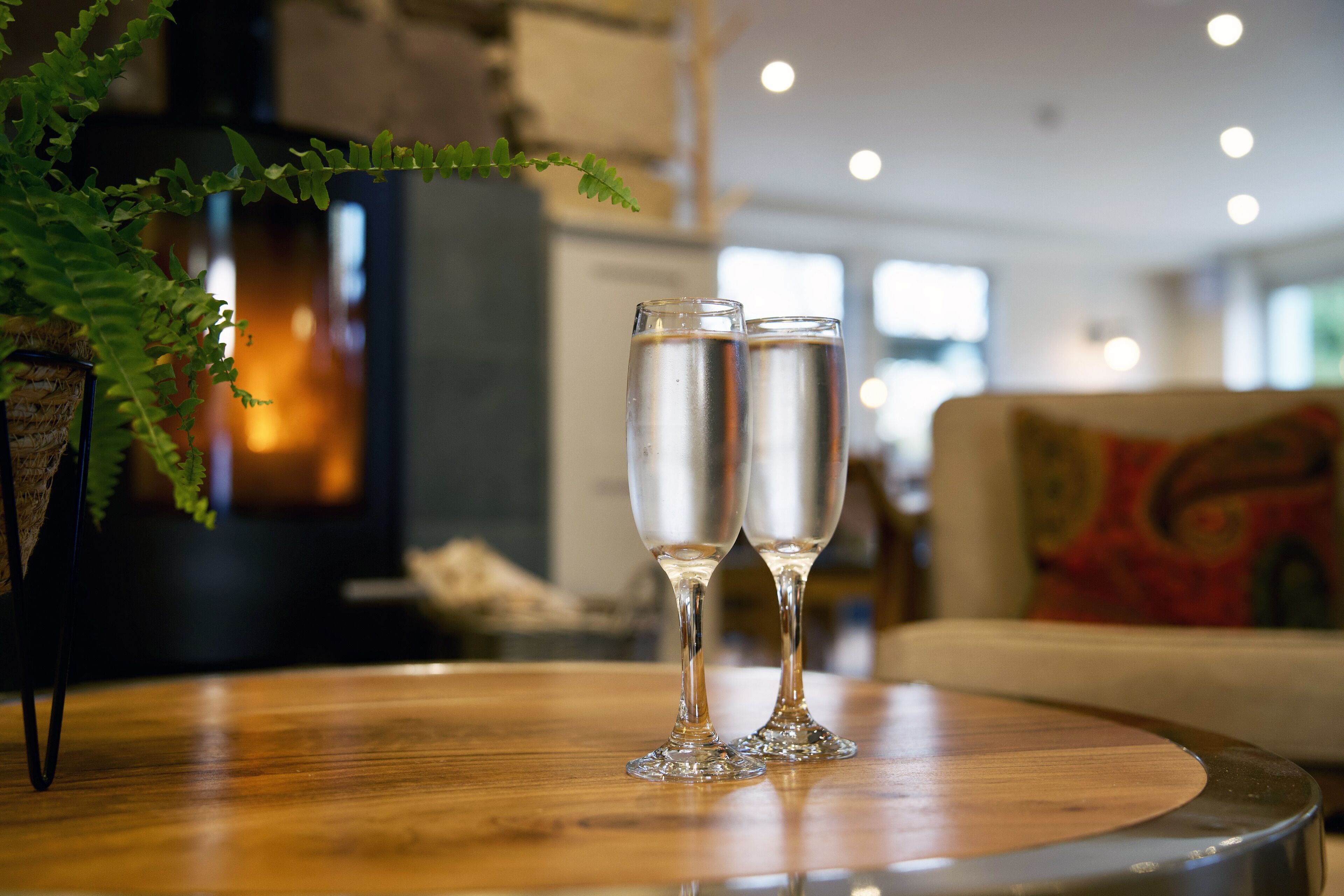 Deux flûtes à champagne sont posées sur une table ronde en bois, avec une plante au premier plan.