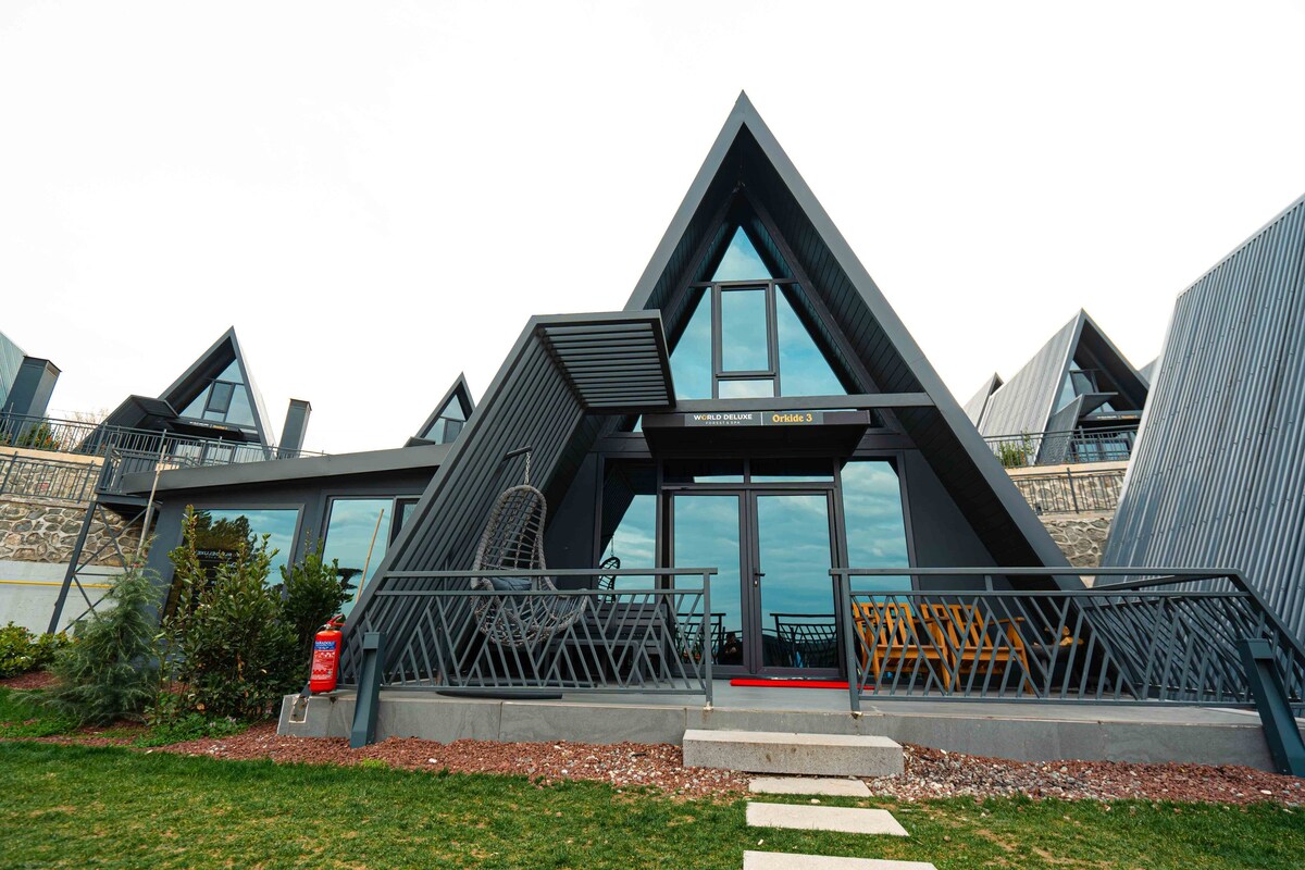 A modern building with a triangular roof design, large windows, and a metal railing in front.