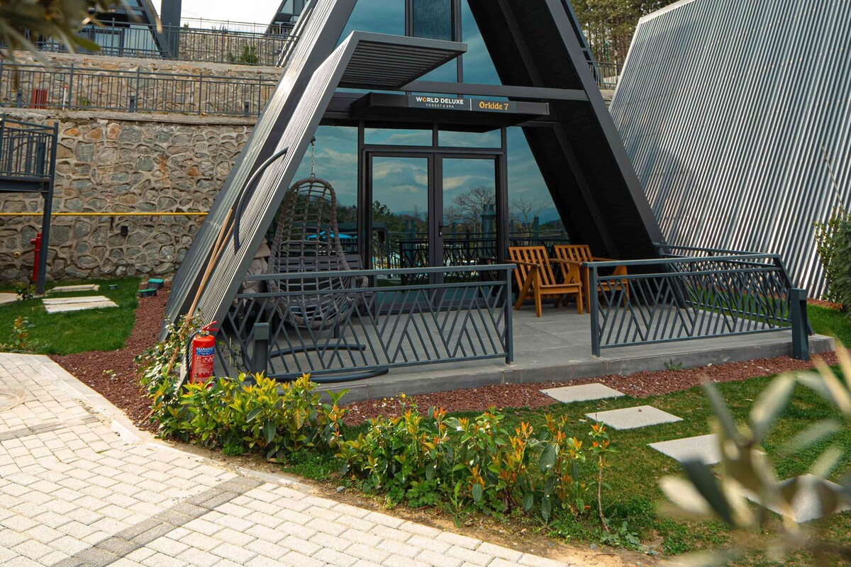 A modern building with a triangular roof, a glass entrance, and outdoor seating.