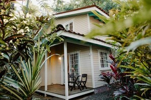 A two-story house with a porch, surrounded by dense tropical vegetation.