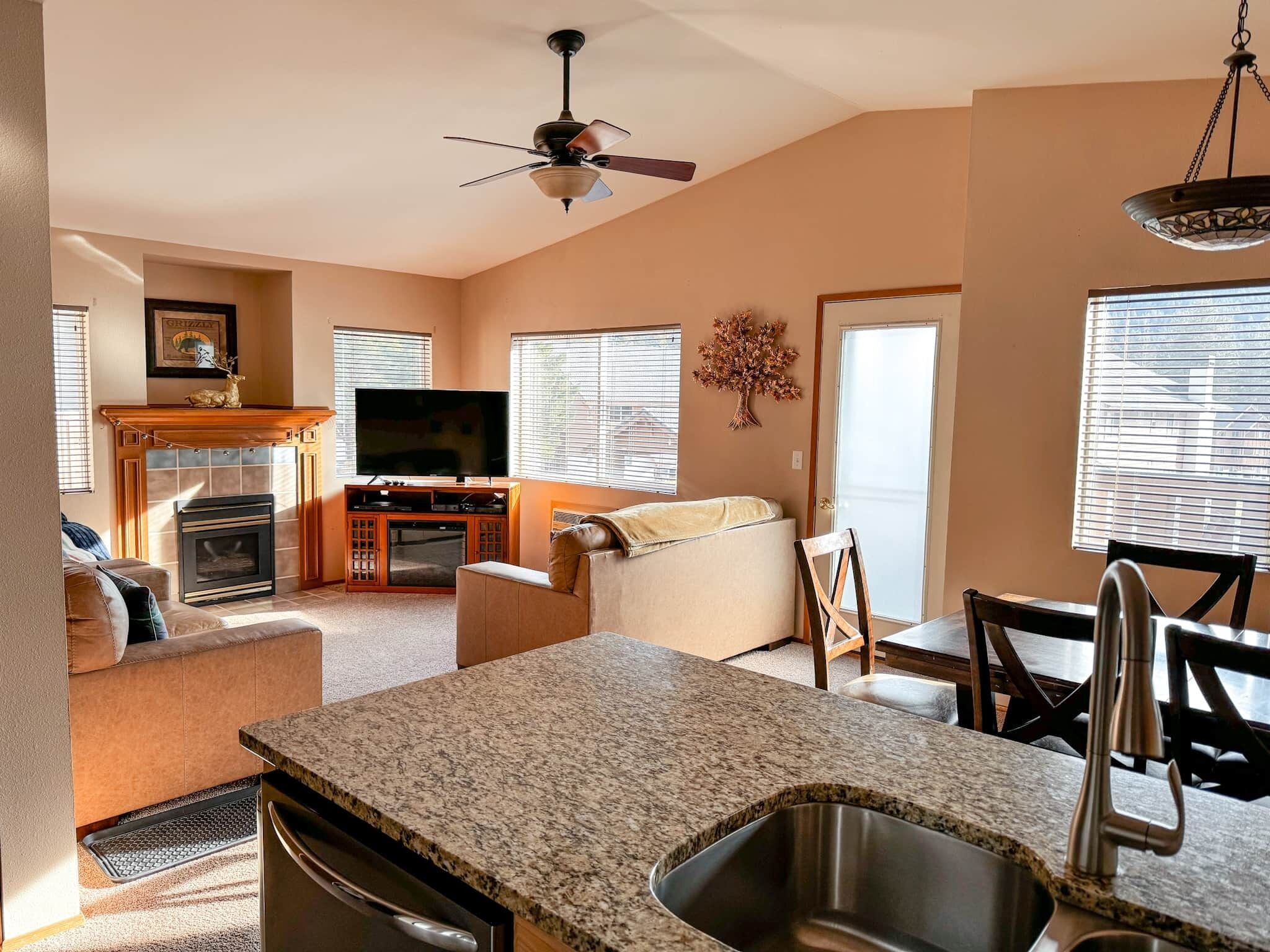 Télévision, cheminée, lecteur de DVD