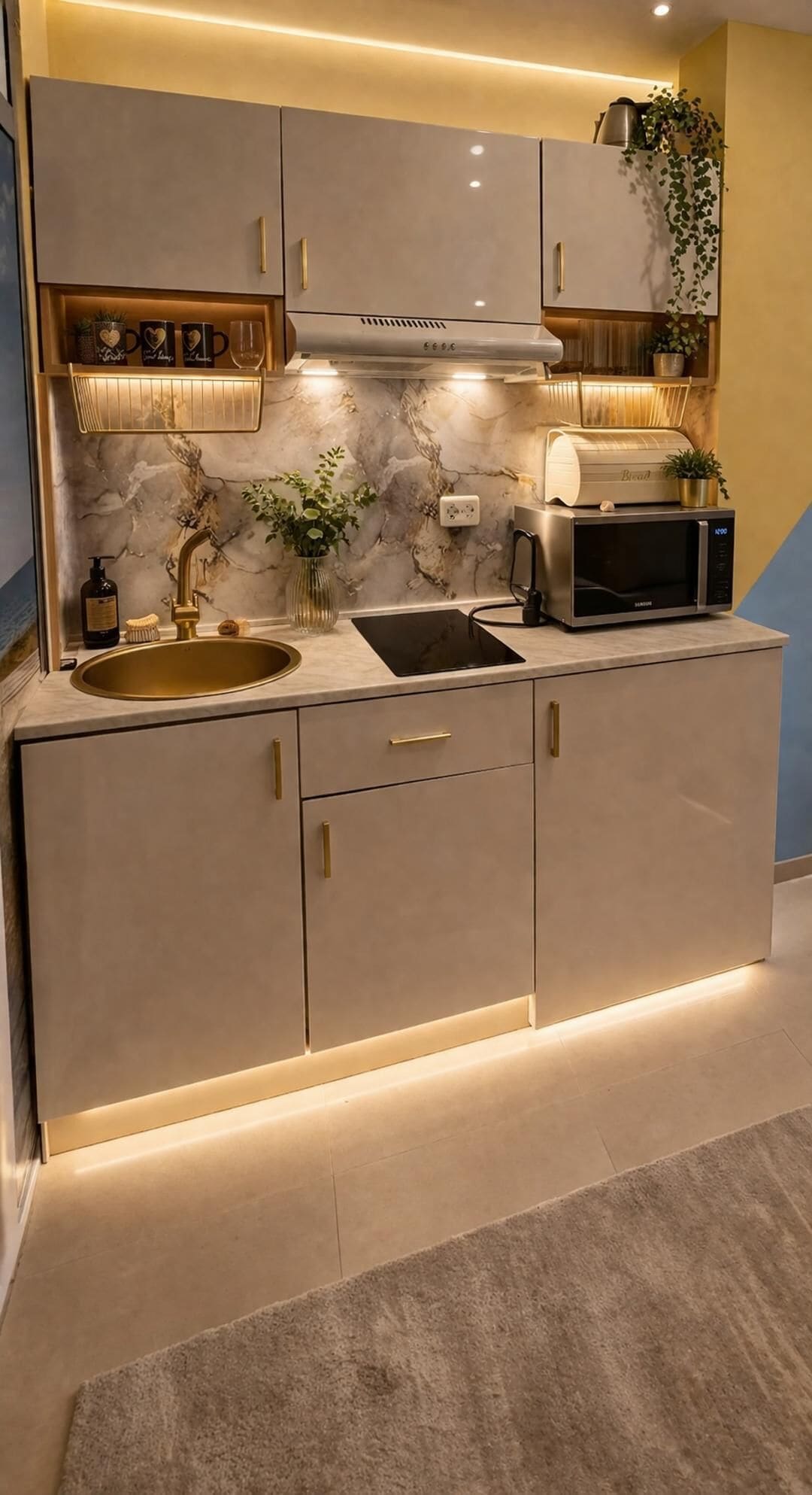Fridge, microwave, stovetop, electric kettle