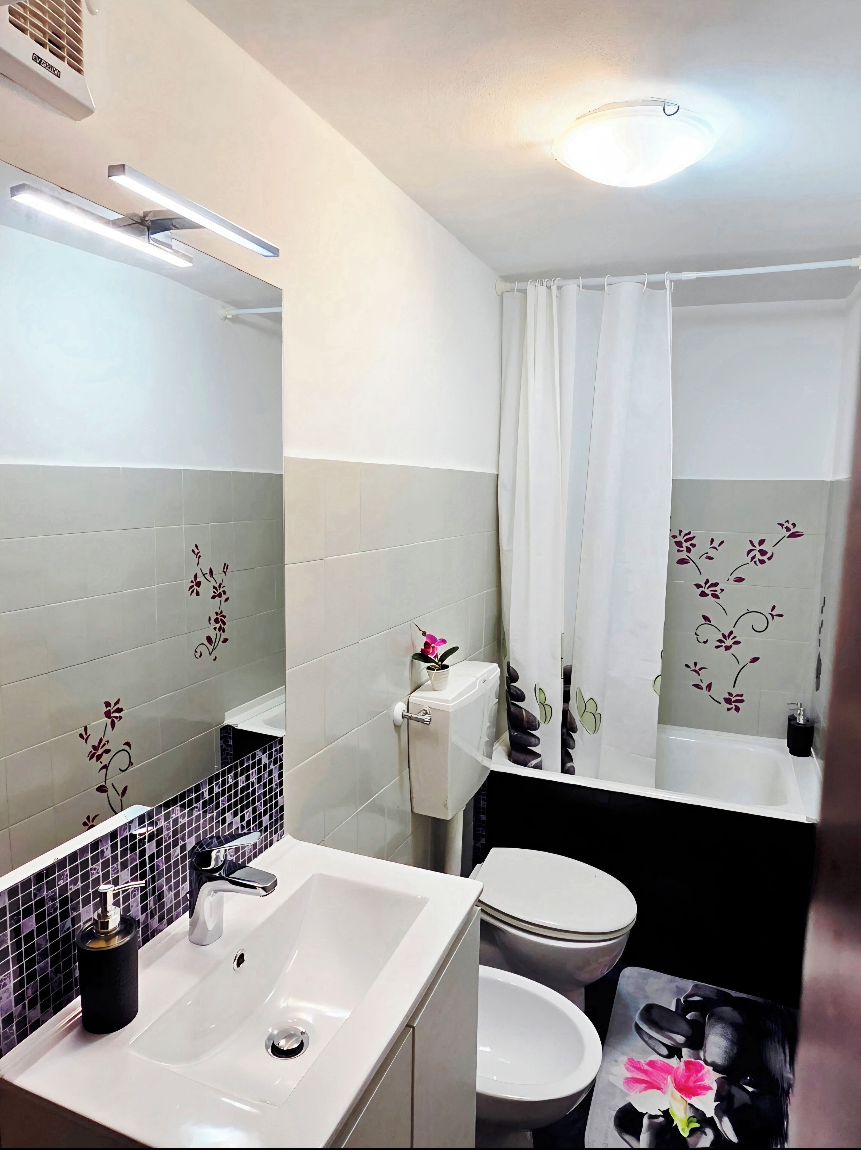 Bathtub, hair dryer, bidet, towels