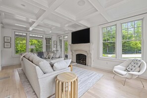 Smart TV, fireplace, books