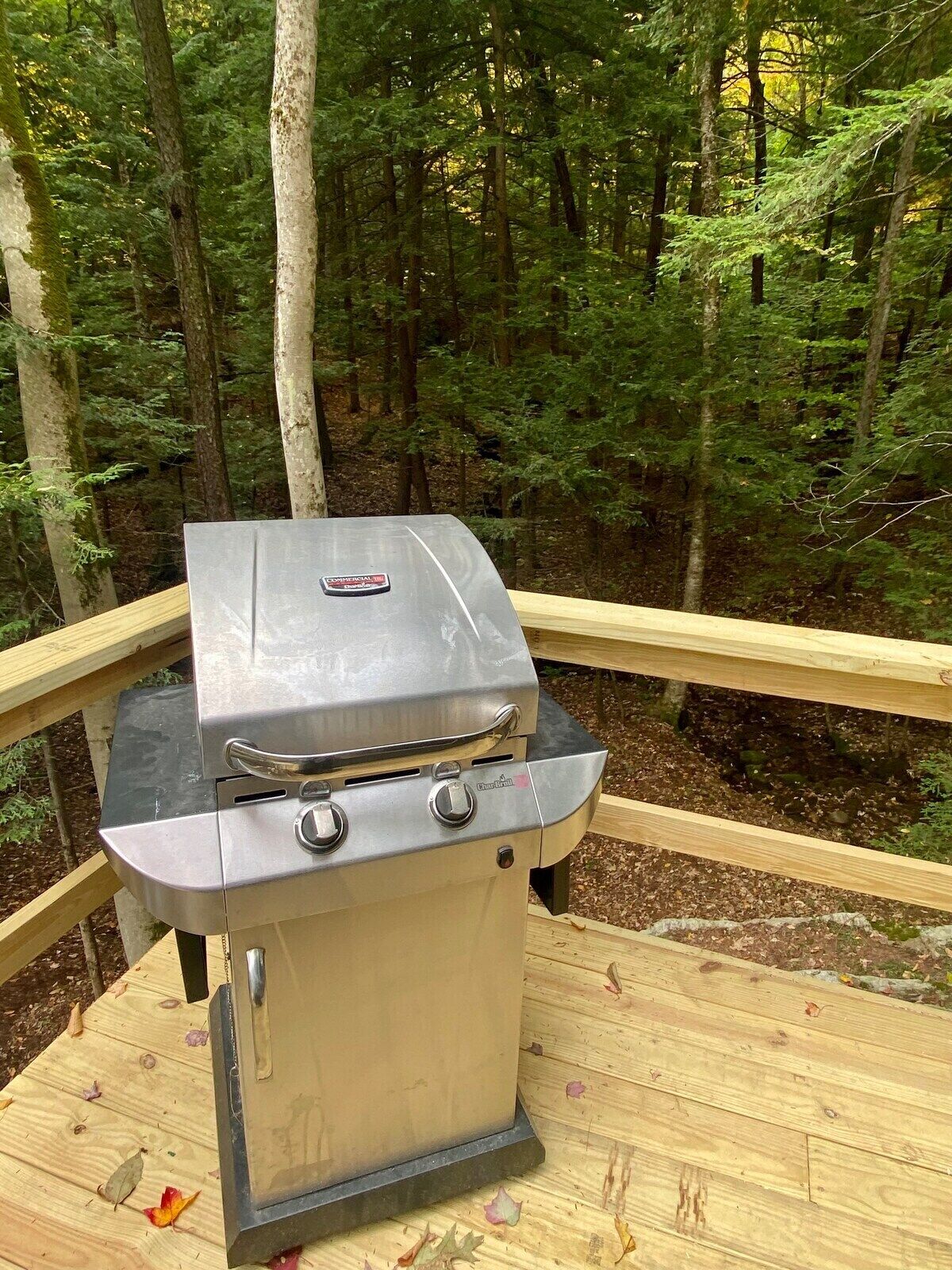Una parrilla de gas portátil sobre una terraza de madera rodeada de un bosque.