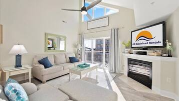 Smart TV, fireplace, books