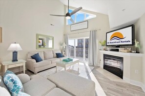 Smart TV, fireplace, books