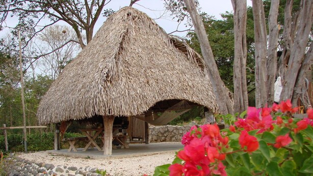 A thatched-roof hut with a stone foundation, surrounded by greenery and flowers. - American standart villa in the mountains overlooking the ocean (Colorado Abangares)