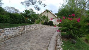 Un camino pavimentado que conduce a un edificio, con un muro de piedra a un lado y abundante vegetación y flores rosadas al otro.