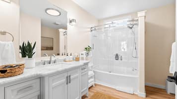 Combined shower/tub, hair dryer, towels, soap