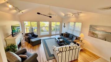 Smart TV, fireplace, books