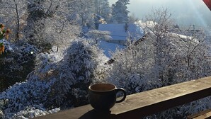 A wooden deck with a cup, overlooking a snowy landscape with trees and a house. - Gemütliche Waldrandlage Badenweiler Sehringen (Badenweiler)