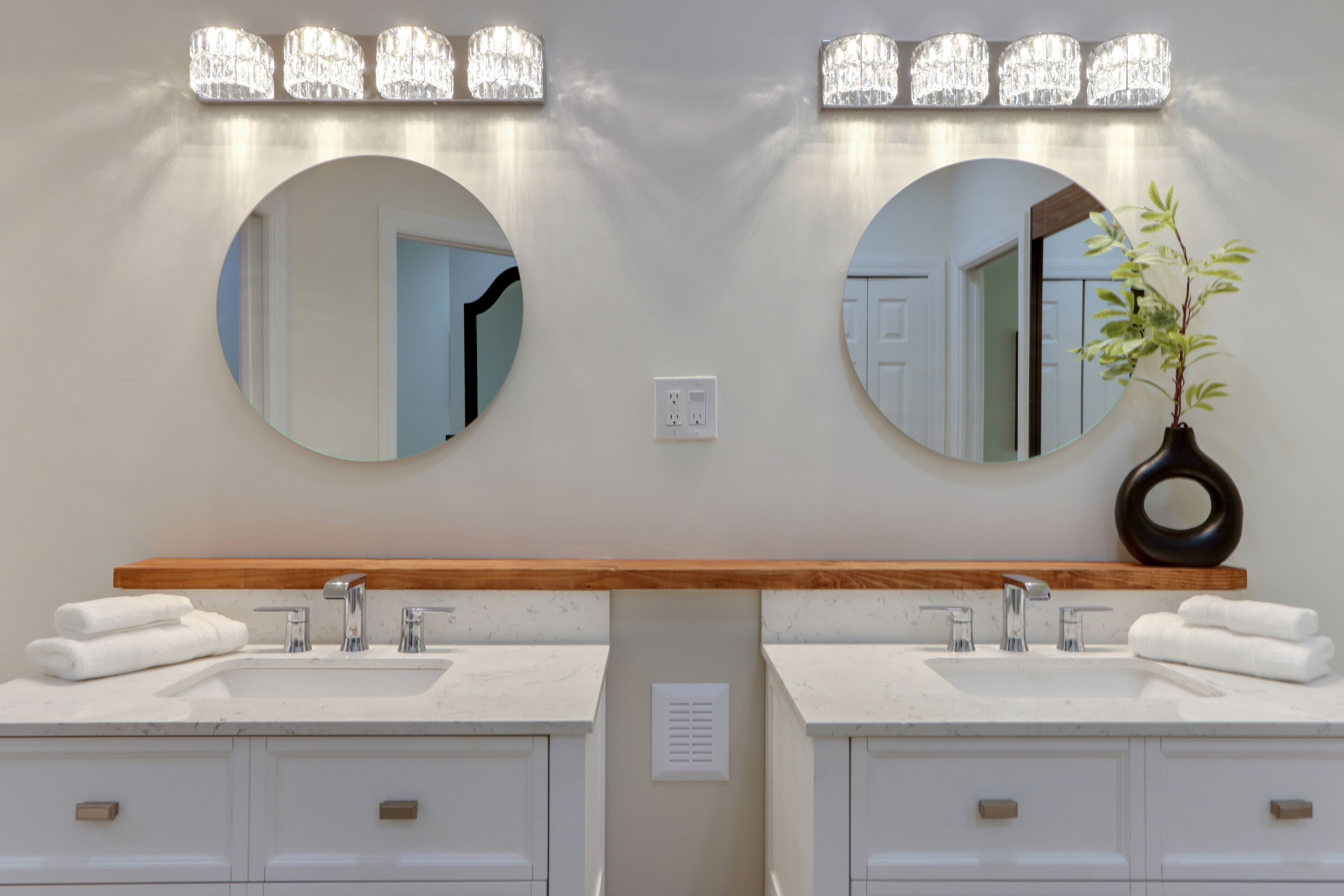 A bathroom with two sinks, a mirror, and a potted plant.
