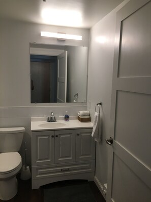 A bathroom with a white toilet, a sink with a mirror above it, and a towel hanging on the door. - Newly furnished 1 bed, steps to Boston's restaurants, museums, hospitals, Fenway (Boston)
