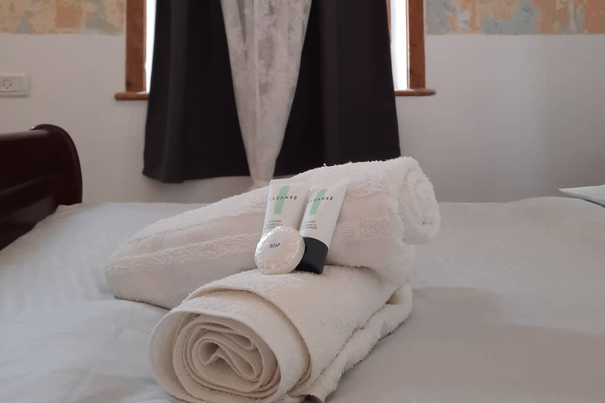Shower, towels, soap, shampoo