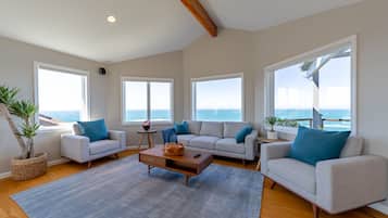 TV connectée, cheminée, livres, chaîne hi-fi