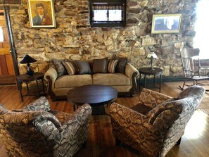 Fireplace, books, music library