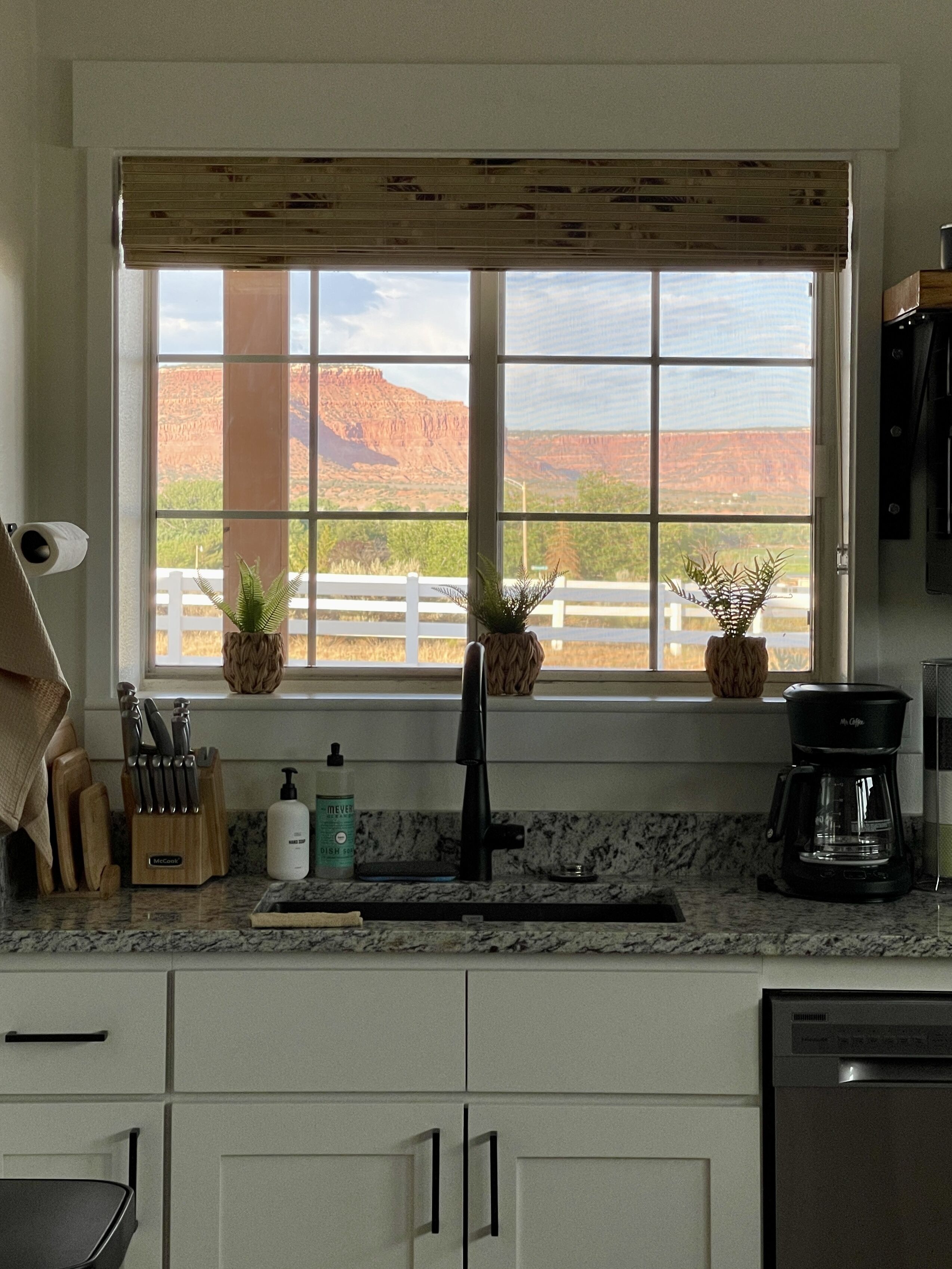 Een koelkast, een magnetron, een kookplaat, een vaatwasser