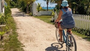 A person riding a bicycle on a dirt path with palm trees and a fence in the background. - Costa Nube (Caye Caulker)