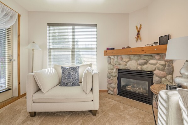 TV, fireplace, DVD player, books