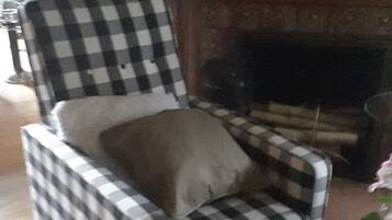 A checkered armchair with a cushion, positioned in a room with a wooden floor and a fireplace in the background.