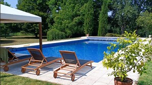 Un área de piscina con dos sillas reclinables y una planta en maceta.