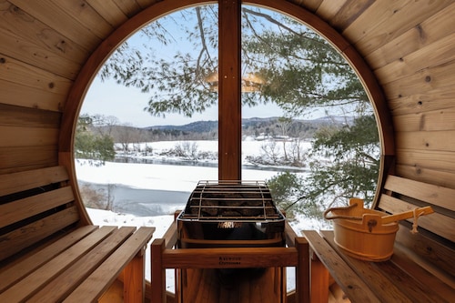 Haven Tiny House near Stowe with Hot Tub, Sauna, River & Mountain Views