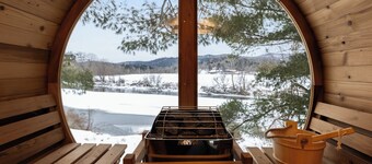 Haven Tiny House near Stowe with Hot Tub, Sauna, River & Mountain Views