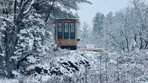 Une cabane en bois avec une façade en verre, entourée d’arbres couverts de neige et d’un paysage hivernal.