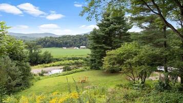 A rural landscape with a grassy field, a swing, and a distant view of a barn and hills.