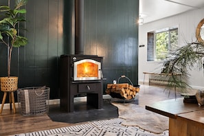 Cozy space with a warm wood-burning stove, a wooden bench, and a potted plant.