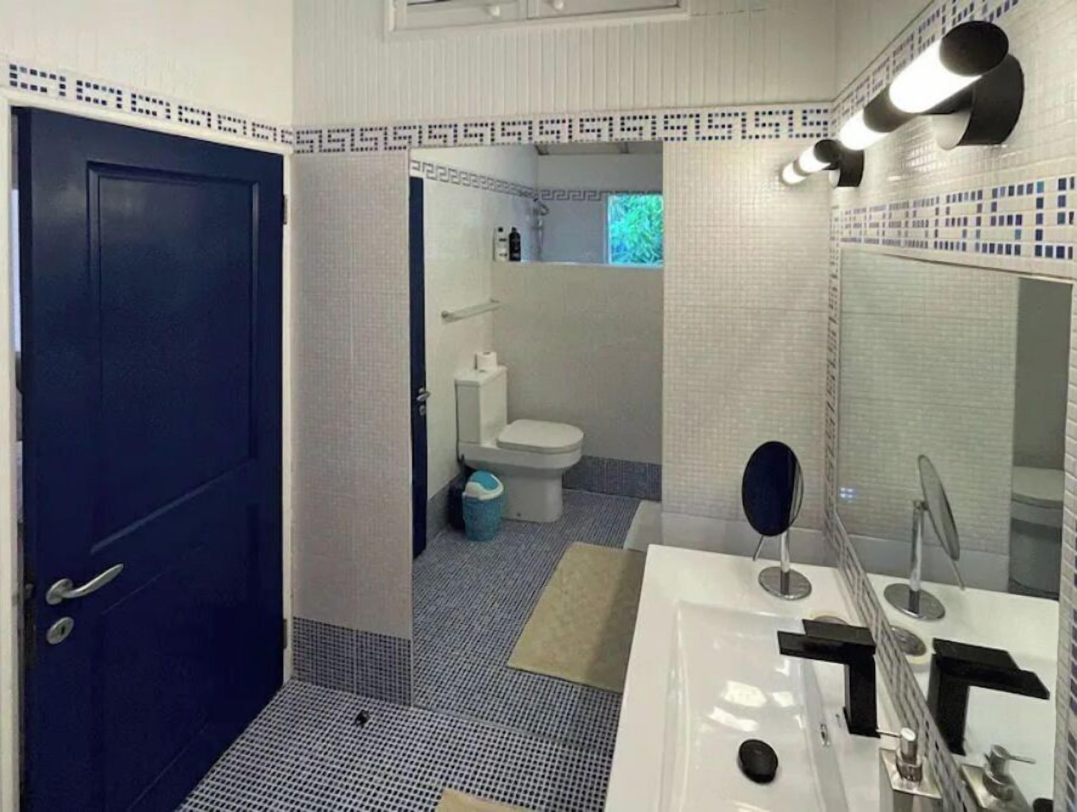 A bathroom with a blue door, a white sink, a mirror, and a shower area.