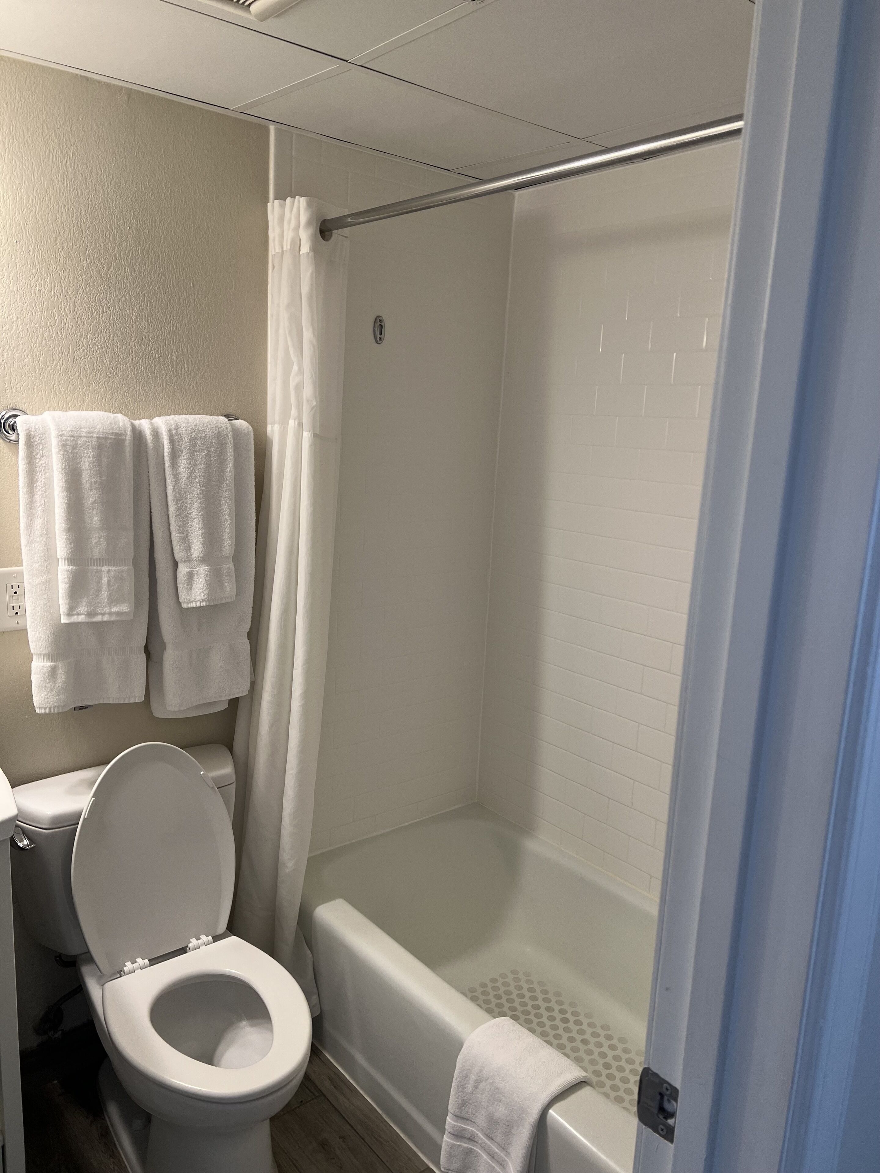 A bathroom with a toilet, a bathtub, and a shower area.