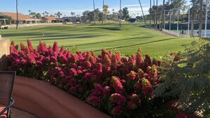 Un parcours de golf offrant une vue dégagée sur le green, les palmiers et un espace patio agrémenté de fleurs roses.