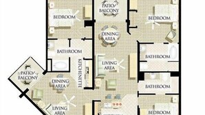 Un plan d’étage d’un hôtel comprenant plusieurs chambres, des salles de bain, un coin repas, un salon, une cuisine et une terrasse ou un balcon.