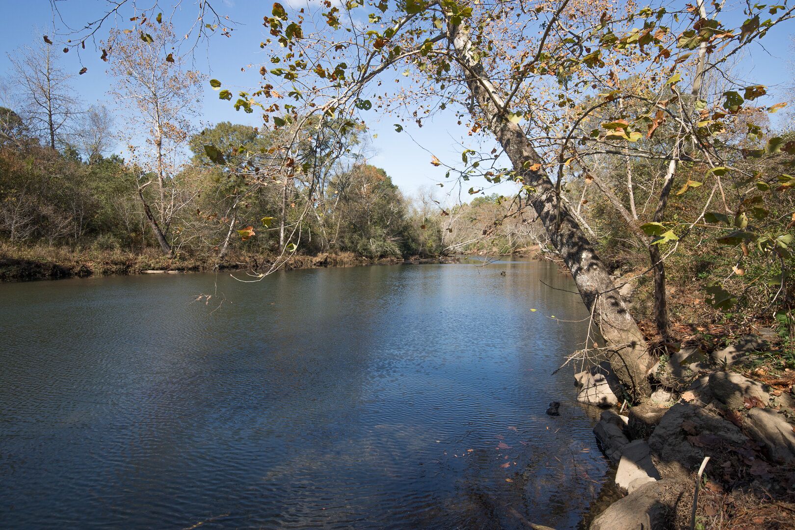 A calm river with trees and a rocky bank.