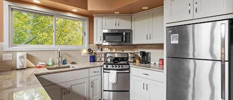 冷蔵庫、電子レンジ、オーブン、コンロ