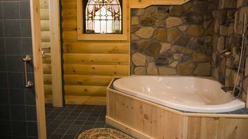 Shower, jetted tub, hair dryer, towels