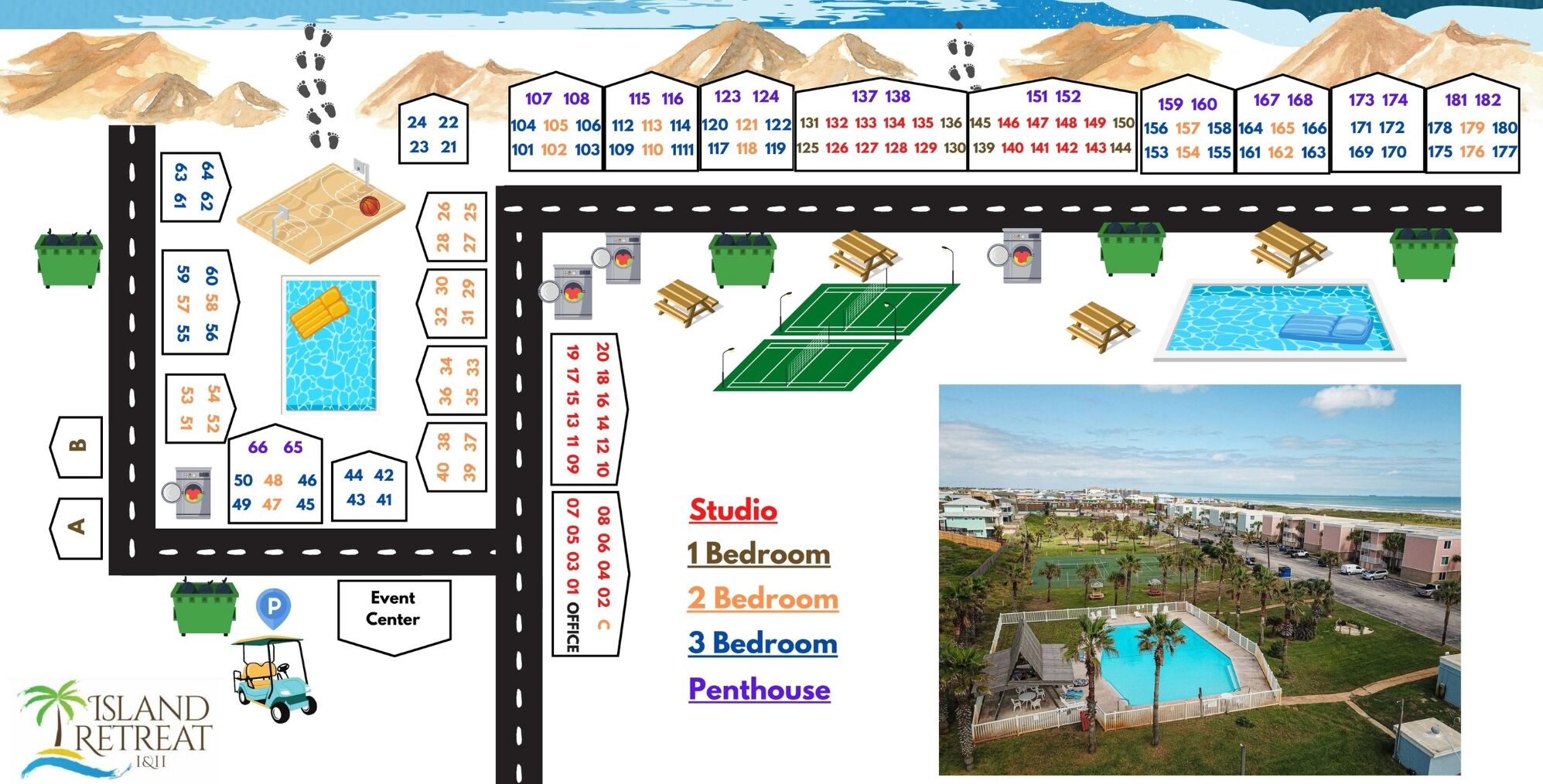 A resort layout with labeled rooms, amenities, and a view of the surrounding area.