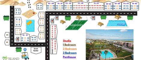 A resort layout with labeled rooms, amenities, and a view of the surrounding area.