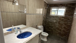Un baño con tocador de mármol, lavamanos azul, inodoro y zona de ducha con pared de piedra.