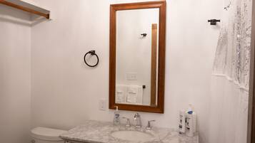 Combined shower/tub, towels, soap, toilet paper